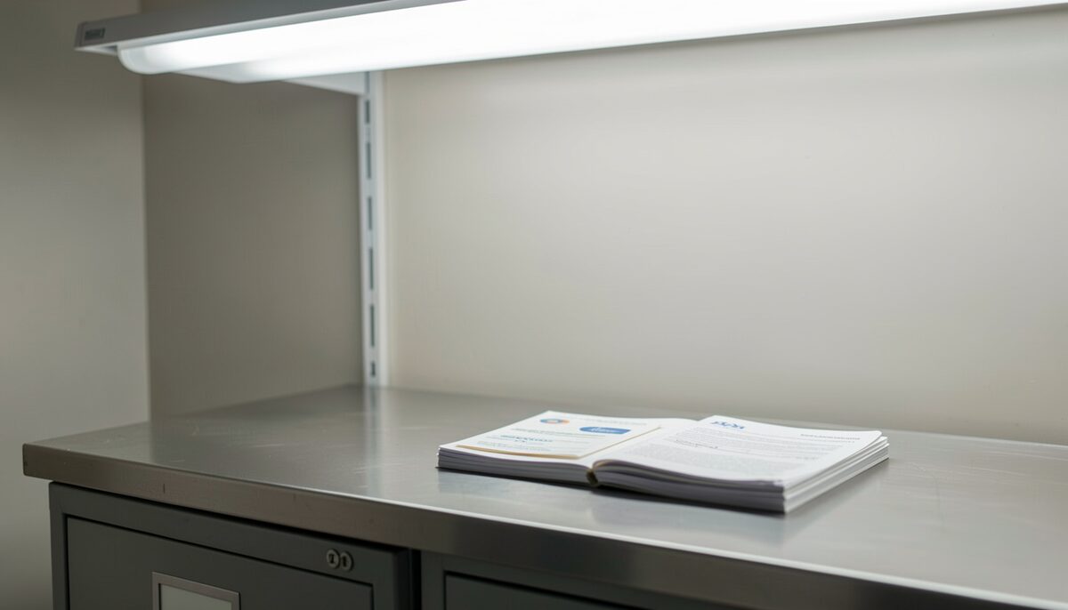 A bound document lying open on a brushed metal counter under a fluorescent light, a filing cabinet below and no readable lettering in the frame.