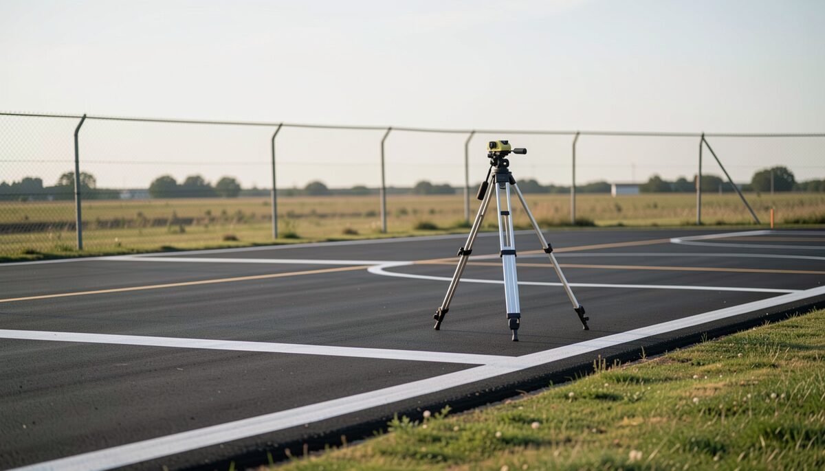 A surveyor level on a tripod standing on a freshly paved apron with new white markings, a chain link fence and grass beyond in flat afternoon light.