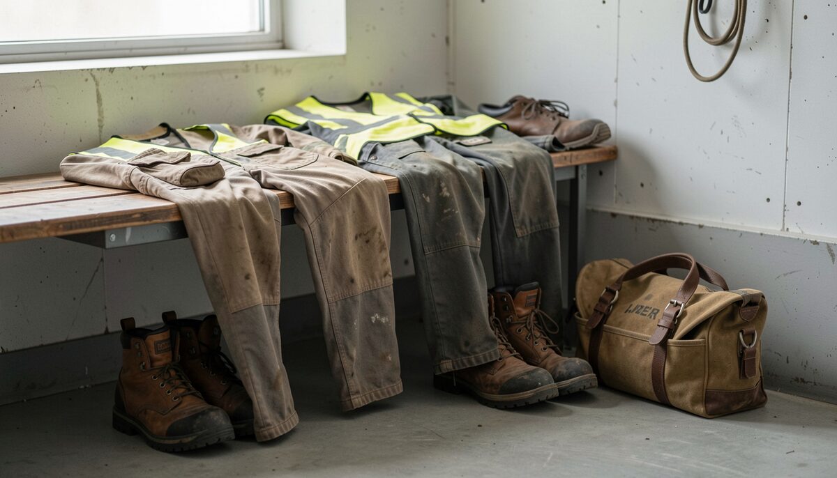Work coveralls, a high visibility vest, two pairs of boots and a canvas tool bag on and under a wooden bench in the corner of a hangar locker area.