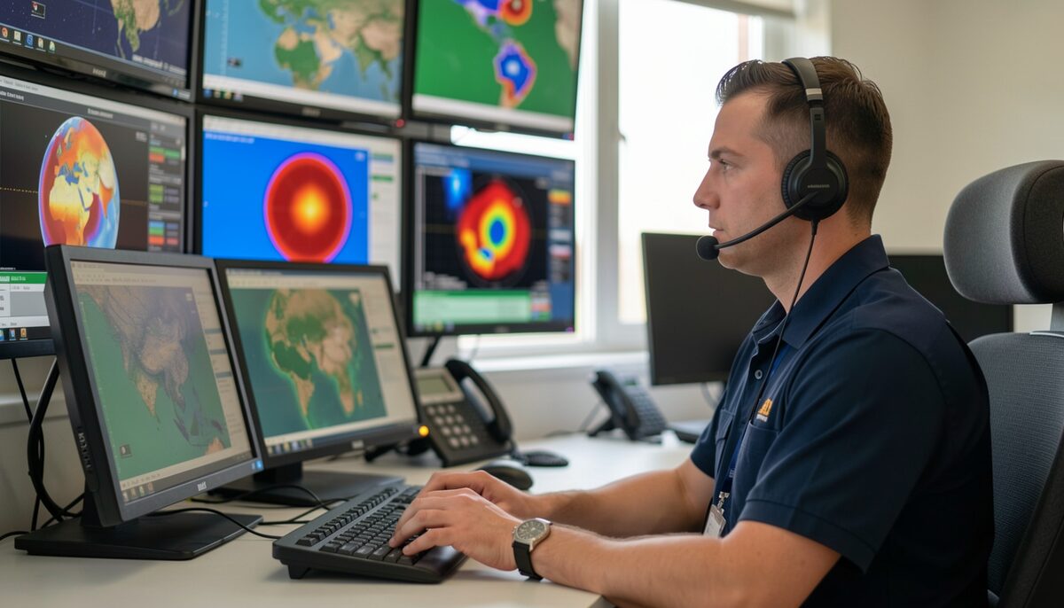 A dispatcher seen in profile at a desk with a headset on and both hands on a keyboard, a bank of weather screens showing radar and route maps filling the wall behind him.