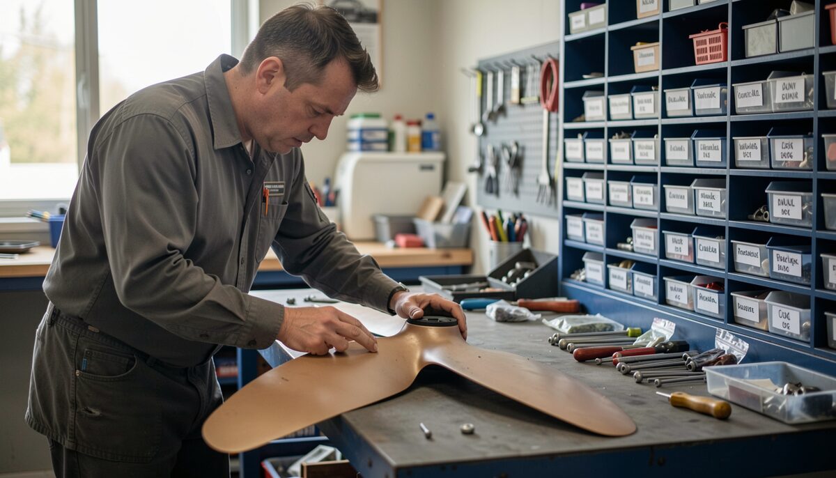 A technician in a grey work shirt leaning over a single propeller blade laid flat on a metal workbench, rows of labelled parts bins covering the wall behind him and small hand tools lined up along the bench.