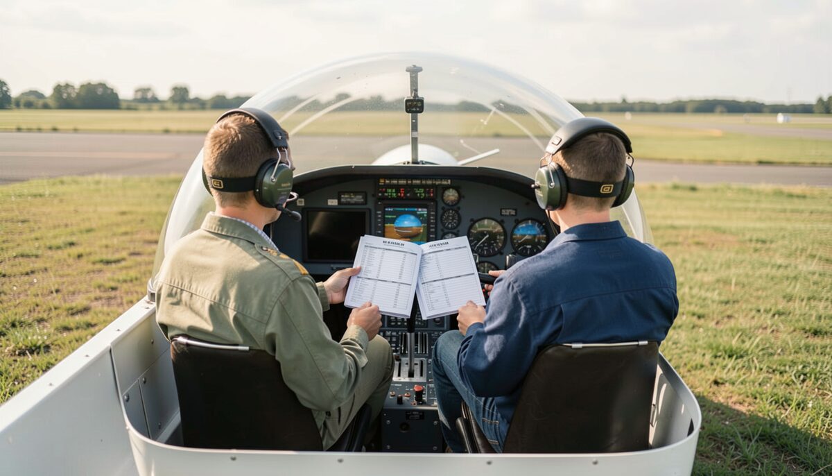 A flight instructor and a student seated side by side in the cockpit of a small trainer, a printed checklist open between them on the centre console, grass and a paved ramp visible through the windscreen.