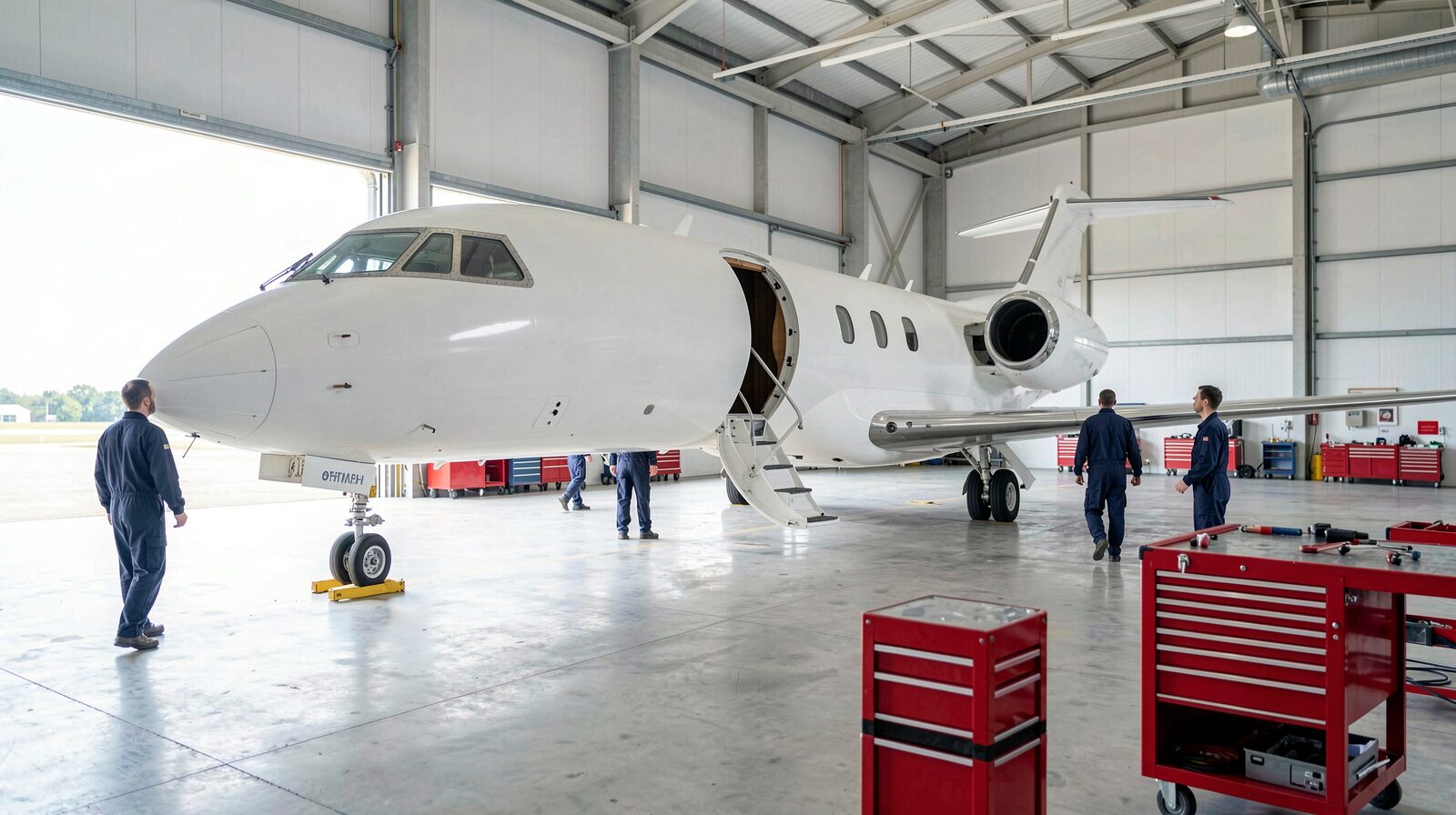 A mid-size business jet standing inside a bright hangar with its cabin door open and the airstair lowered to the floor, three men in dark blue coveralls standing around it, red tool trolleys in the foreground and the hangar door open on daylight behind.