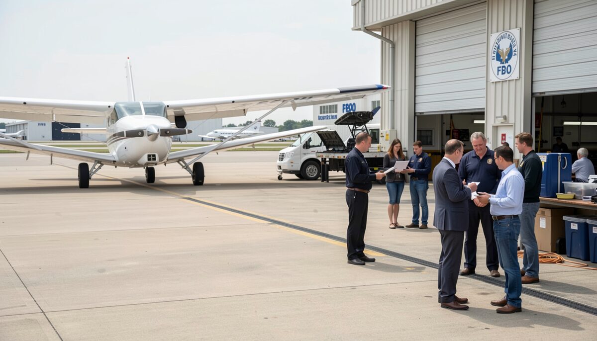 A high-wing single-engine aircraft parked on a concrete ramp in front of a hangar corner, a group of six people talking near the building with folders and paperwork in hand, a service truck parked further along the ramp.