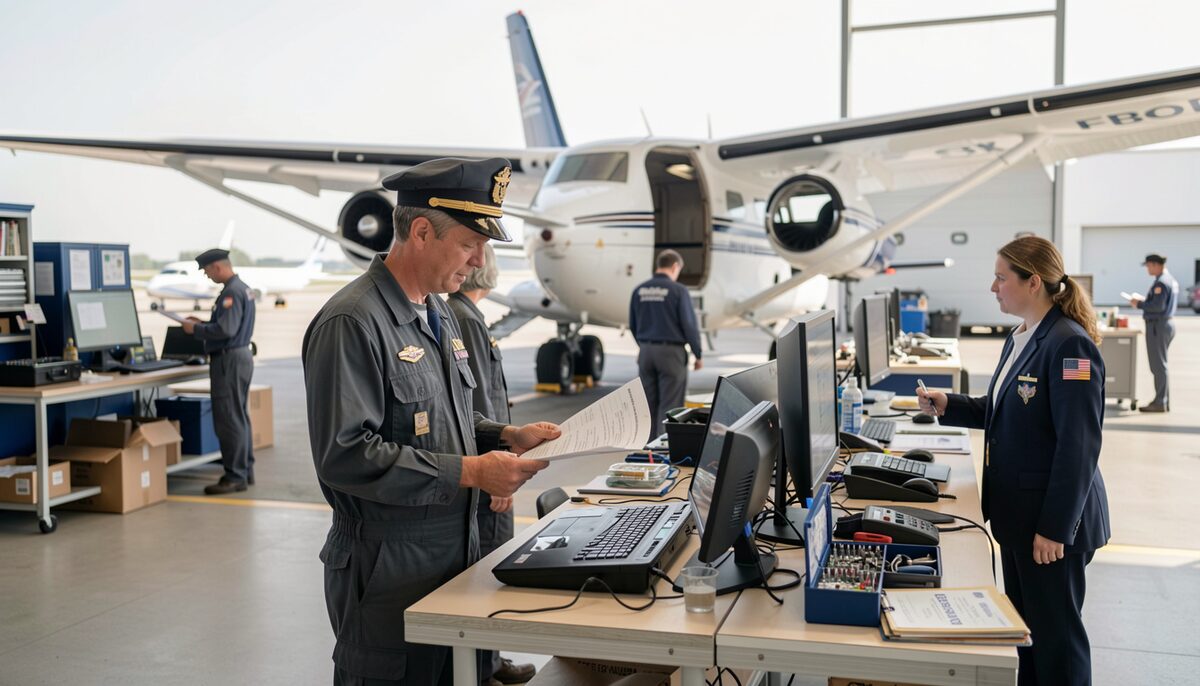 A mechanic in a cap reading a printed sheet at a desk with two monitors, a colleague in a dark jacket standing opposite, a business jet parked behind the desk and a tool tray open on the table.