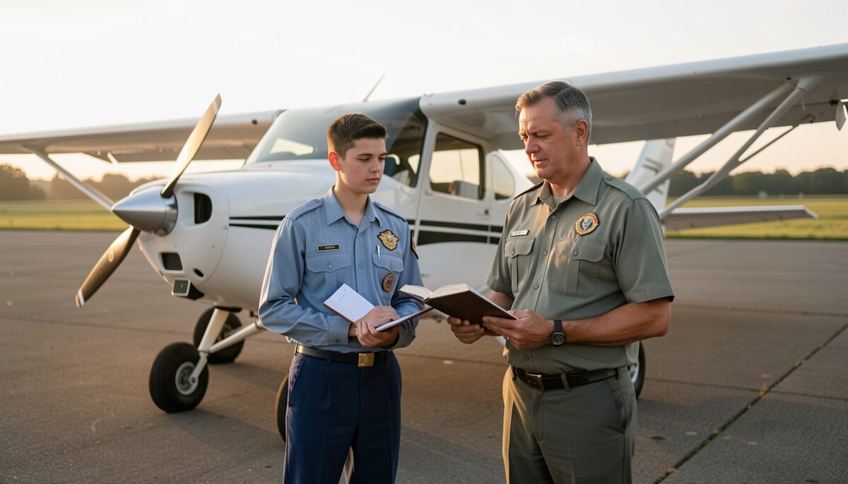 A student pilot and an instructor standing beside a high wing single engine trainer on a ramp at sunrise, an open logbook held between them and grass beyond the wing.